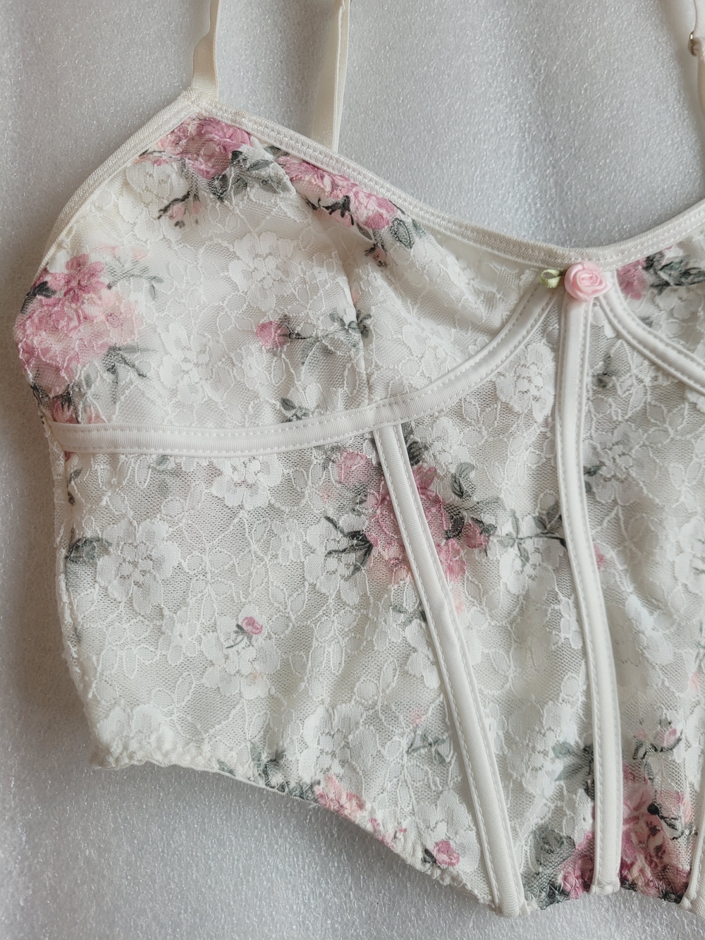 Floral Lace Bustier White with Pink Roses Corset Feminine - Picture 2 of 9